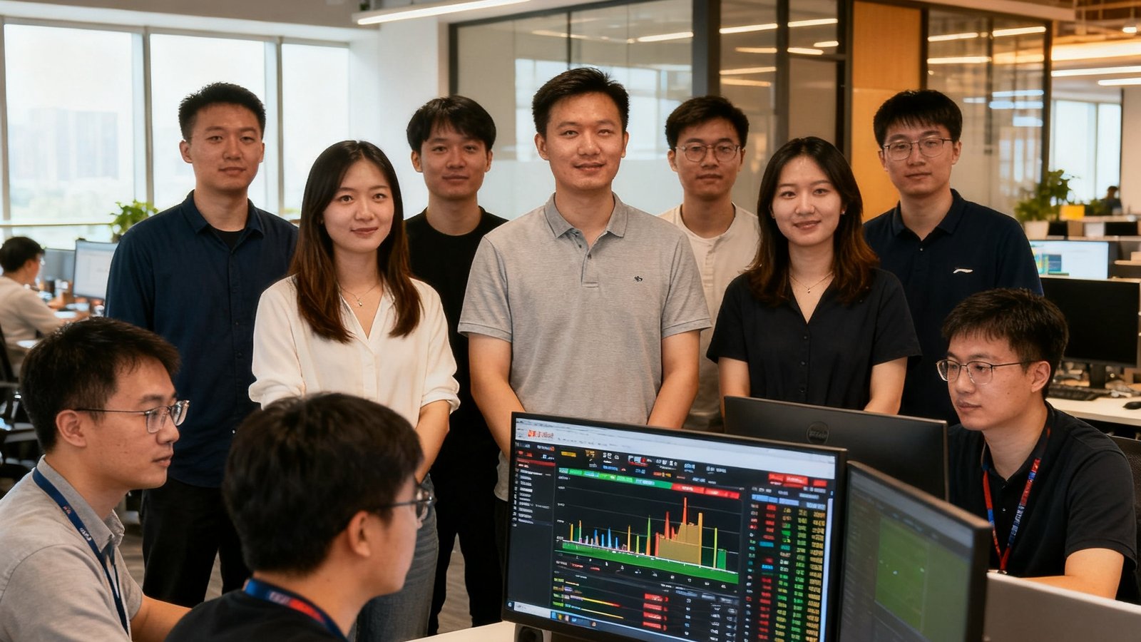 人人体育核心团队合影，背景为公司开放式办公区，技术团队正在大屏前分析实时赛事数据，氛围专注而充满活力